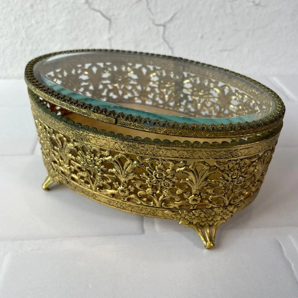 Vintage Gold Filigree Glass Trinket Box Oval Hollywood Regency Jewelry Casket